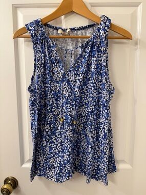 Michael Kors Blue and White Floral Tie-Front Sleeveless Top